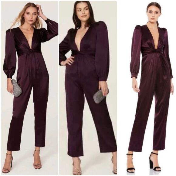 Mac Duggal Plunge Neck Long Sleeve Satin Jumpsuit in Plum Size 6 UB - Picture 1 of 6